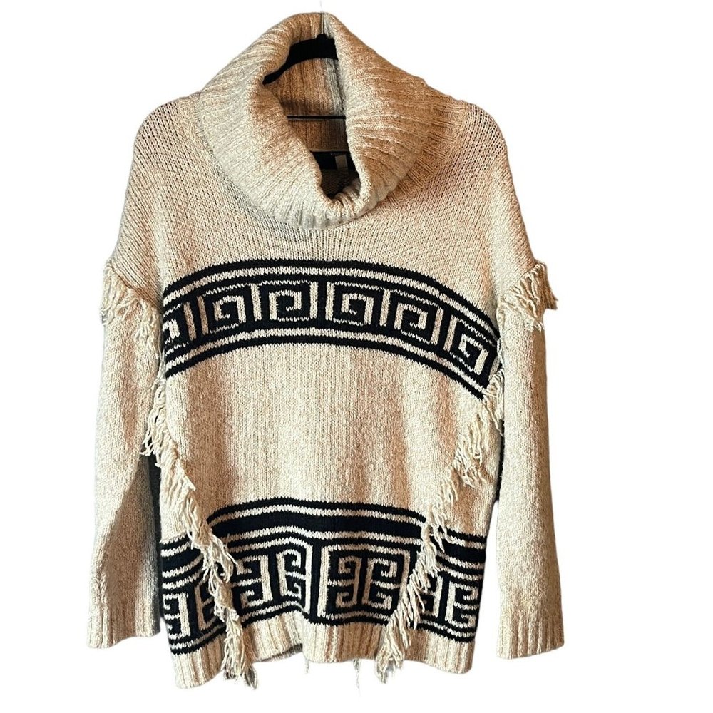 Kensie Fuzzy Mixed Media Cowl Neck Sweater Aztec Southwestern Fern Combo Size S
